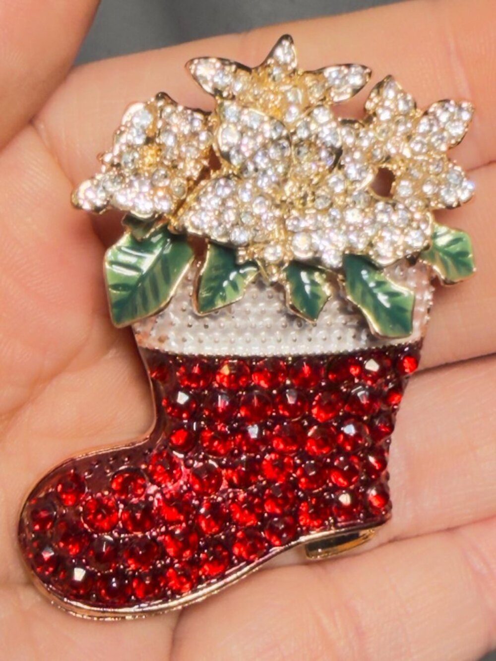 Napier Vintage Christmas Stocking Brooch Red Rhinestone Flower Bouquet